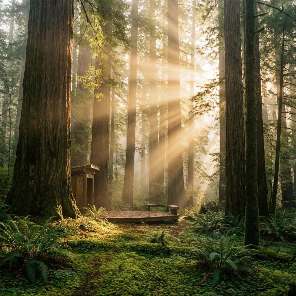 Peaceful forest with sunbeams